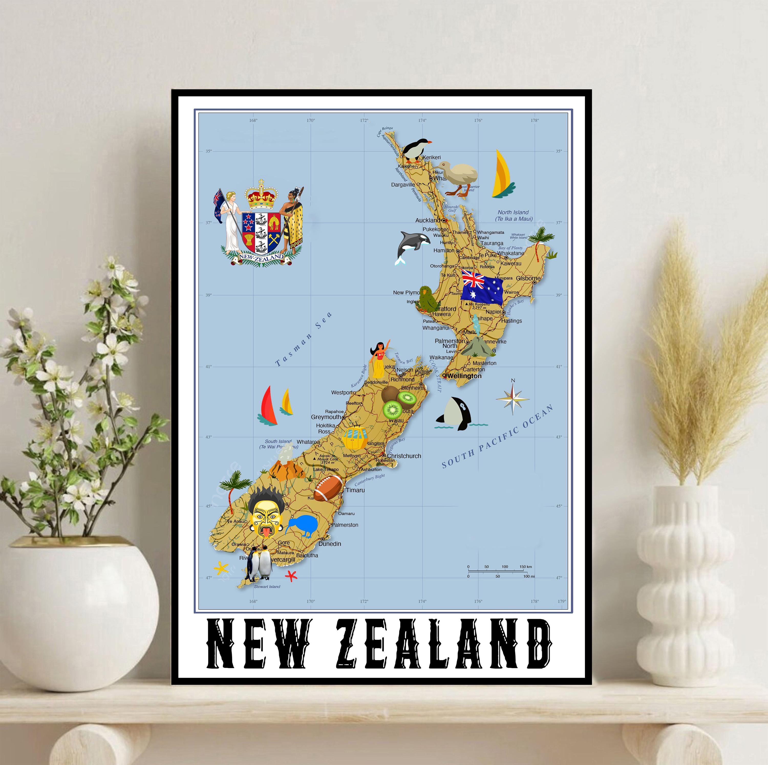 Map of New Zealand Printable New Zealand Map Print Illustrated NZ Map Print Digital NZ Travel ...