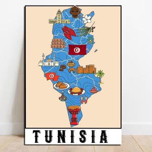 Blaue Tunesien Karte Druck illustrierte Karte von Tunesien Druckbare Karte tunesische Geschenke Dekor Afrika-Karte Wanddrucke individuelle Karte Geschenk digitaler Download