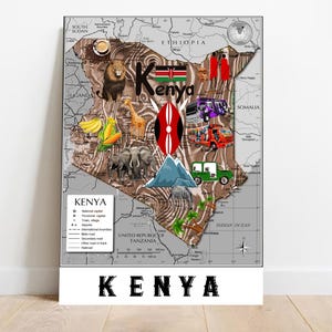 Kenia Karte Digitaldruck Karte von Kenia druckbare Nairobi Kenia Geschenke Karte Wanddekor kenianische Flagge Safari Wandkunst Erdige Töne Büroplandekor
