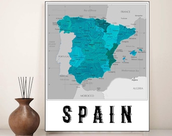 Impression de carte d'Espagne bleue, topographie de l'Espagne, décoration de chambre d'enfant imprimable, affiche d'Espagne, impression de carte murale moderne, impression de carte cadeau espagnole, impression de carte d'Espagne