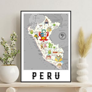 Mapa digital do Peru, impressão, mapa do Peru, arte para impressão, presentes do Peru, mapa moderno, decoração de parede do escritório, bandeira do Peru, ícones do mapa, pôster, presentes de inauguração de casa