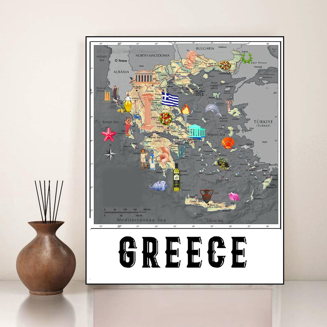 Greece Illustrated Map Greece Map Print Digital Download Printable ...