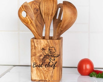 Personalisiertes 5er Set Utensilien mit Utensilienhalter aus Olivenholz | Küchenutensilien aus Olivenholz | Holz Koch Utensilien Set