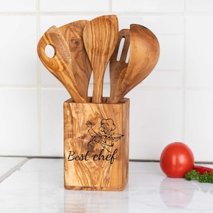 Personalized Set of 5 Utensils with Utensil Holder made of Olive Wood  | Kitchen Utensils Olive Wood | Wooden Cooking Utensils Set