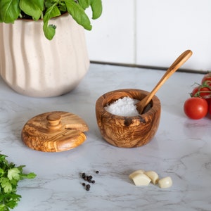 Salt Cellar with Spoon / Spice Cellar with Spoon handmade of Tunisian Olive Wood