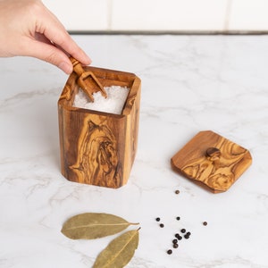 jar with Lid made of Tunisian Olive Wood | Spice Container With Spoon | Kitchen Storage (Free Personalization+ Wood Conditioner Pot)