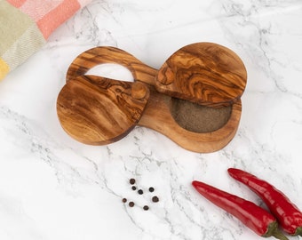 Salt & Pepper Cellar with pivoting lids made of Olive Wood