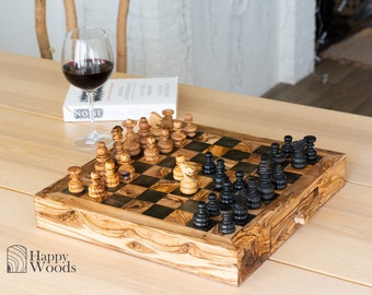 Wood Chess Board handmade of olive wood| Wooden Chess Set with Board (Free Personalization+ Wood Conditioner)