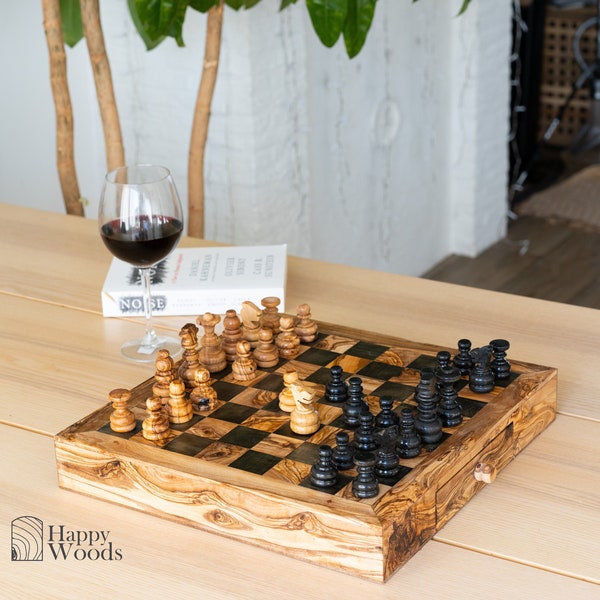 Wood Chess Board handmade of olive wood| Wooden Chess Set with Board (Free Personalization+ Wood Conditioner)