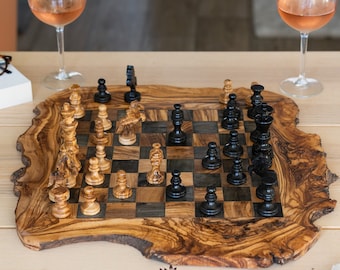 Rustic Wood Chess Set with Rough Edges Handmade of Olive Wood | Christmas Gift |Wooden Chess Board (FREE Personalization & Wood Bee&#39;s wax))