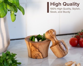 Garlic Press made of Tunisian Olive Wood / Mortar and Pestle Grinding Bowl
