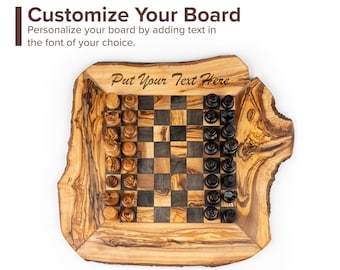 Juego de ajedrez personalizado con bordes ásperos hecho a mano de madera de olivo (Personalización GRATIS+Acondicionador de madera)