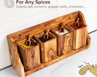 Wall Spice Rack with 4 Spice jars Handmade from Tunisian Olive wood | Kitchen Storage (Free Personalization+ Wood Conditioner Pot)