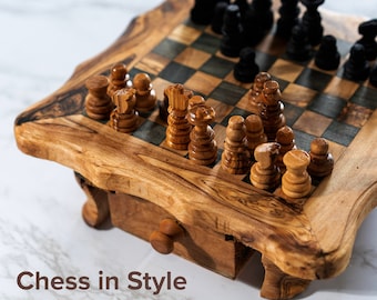 Juego de tablero de ajedrez de madera hecho a mano de madera de olivo/ Juegos de ajedrez de madera con tablero/ Regalo (Personalización gratuita+ Cera de abeja de madera))