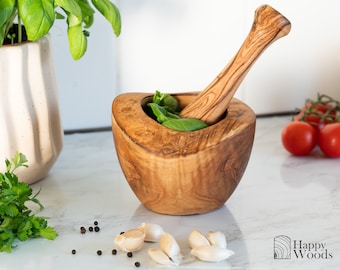 Rustic Wood Mortar-Pestle handmade of Olive Wood