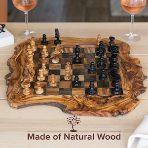 Rustic Wood Chess Set with Rough Edges Handmade of Olive Wood | Christmas Gift |Wooden Chess Board (FREE Personalization & Wood Bee's wax))