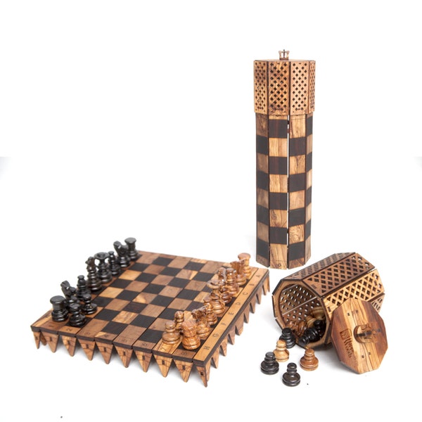 Foldable Wood Chess Set handmade of Olive Wood | Rollup Unique Board Game | Gift | Wooden Board (FREE Personalization & Wood Conditioner)