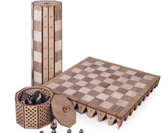 Vintage Red Chess Set in Wooden Folding Board 17 inch square