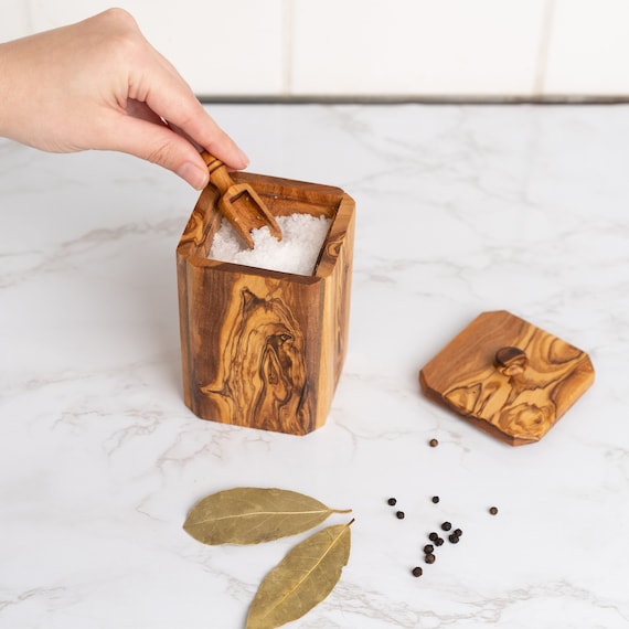 jar with Lid made of Tunisian Olive Wood | Spice Container With Spoon | Kitchen Storage (Free Personalization+ Wood Conditioner Pot)