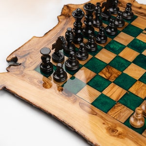 Rustic Glossy Wood Chess Set with Rough Edges | Resin | Handmade of Olive Wood | Christmas Gift |Wooden Chess Board