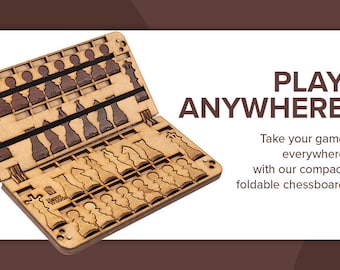 May include: A wooden folding chessboard with a brown and natural wood finish. The board is open and the chess pieces are in place. The text "PLAY ANYWHERE" is visible in the image. Take your game everywhere with our compact foldable chessboard.