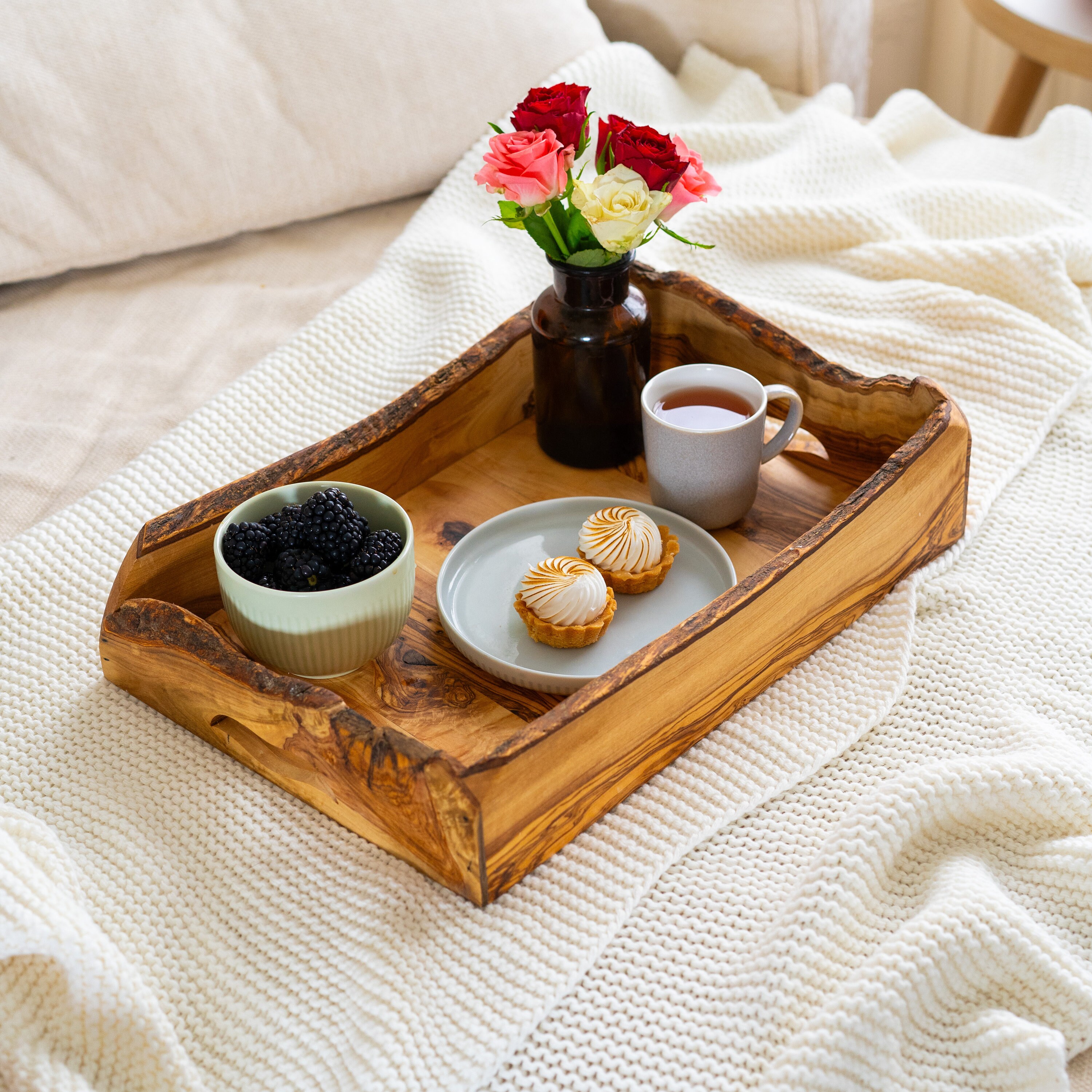 Vassoio Rotondo In Legno Naturale 40 Cm Con Manico - Portata Rustico Per Tavolo, Centrotavola Decorativo