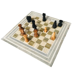 Mosaic Chess Set handmade of natural stones with Olive Wood Chess Pieces| Mosaic Chess Board