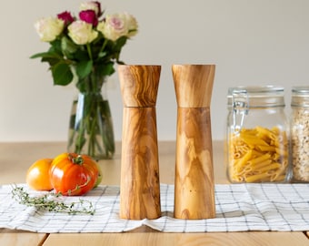 Salt & Pepper Grinder handmade of Olive Wood | Wooden Custom grinders (FREE Personalization + Organic Wood Conditioner)