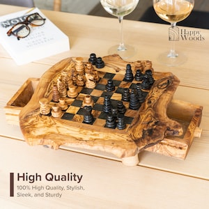 Rustic Chess with Rough Edges Handmade of Olive Wood | Wooden Chess Board (FREE Personalization & Wood Conditioner)