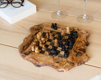 Rustic Wood Chess Set with Rough Edges Handmade of Olive Wood | Wooden Chess Board (FREE Personalization & Wood Conditioner)