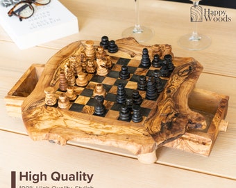 Rustic Chess with Rough Edges Handmade of Olive Wood | Wooden Chess Board (FREE Personalization & Wood Conditioner)