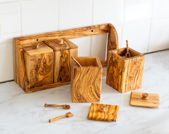 Wall Spice Rack with 4 Spice Jars handmade of Olive Wood/ Spice Rack Wall Mount/ Wooden Salt Box Set(FREE Personalization+ Wood Conditioner)