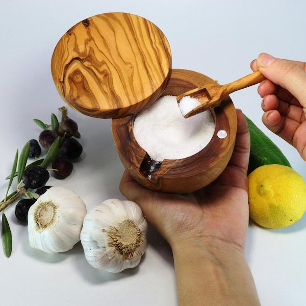 Olive Wood Salt Cellar With Lid and Spoon, Salt Pig/Spice box/Salt Keeper/Salt Pot - BEST SELLER