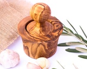 Garlic Press made of Tunisian Olive Wood Mortar and Pestle Grinding Bowl