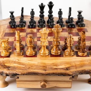 Rustic Wood Chess Set with Rough Edges Handmade of Olive Wood | Christmas Gift |Wooden Chess Board (FREE Personalization & Wood Conditioner)