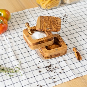 Wooden Salt Cellar with Lid / Olive Wood Salt Box / Two-Compartment Wooden Salt and Pepper Box (+FREE Personalisation & Wood Beeswax)