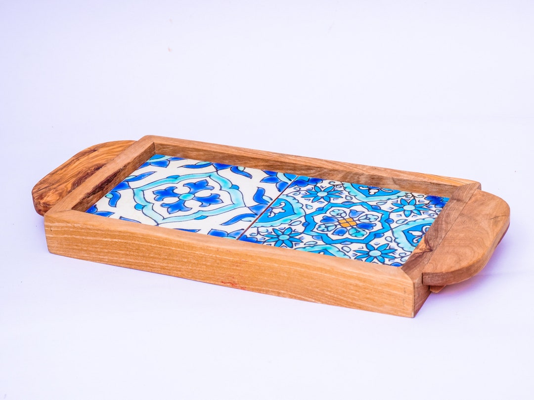 Olive Wood Serving Tray With Ergonomic Handles Decorative Service Tray