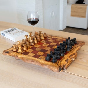Wood Chess Board handmade of olive wood| Wooden Chess Set with Board (Free Personalization+ Wood Conditioner)