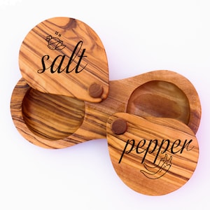 Custom Salt & Pepper Cellar with pivoting lids made of Olive Wood (Free personalization)
