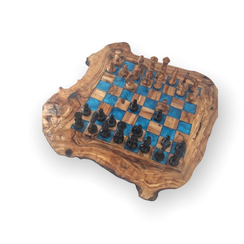 Liqued Glass Color Aqua Blue Wood Epoxy Resin Double Side Chess Board Game Set Handmade Chess Board
