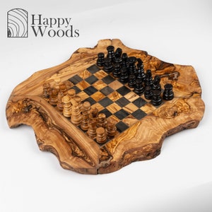 Chess Set with Rough Edges handmade from Olive Wood| Wooden Chess Board| Valentines day gifts for him(FREE Personalization+Wood Conditioner)