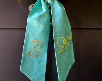 Embroidered Easter Wreath Sash: Green Chinoiserie Bow, Boxwood Wreath Decor