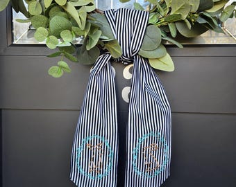 Easter Wreath Sash: Black and White Striped Bow with Embroidered Bunny