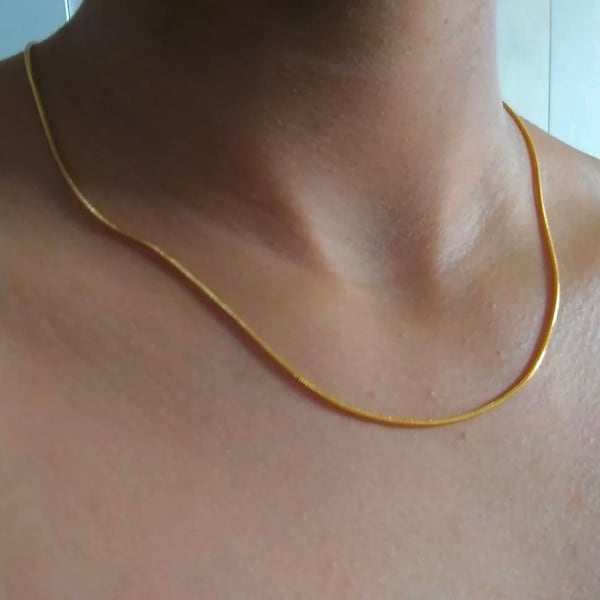 Gold Plated 1MM/18” Solid Snake Chain Stainless Steel Necklace, Non Allergic Non Fading Snake Chain Choker, Men Women Hiphop Style Jewelry