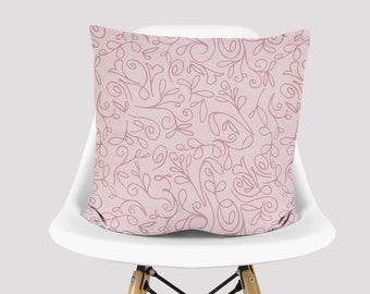 Swirl Floral Faux Suede Square Pillow (Pink pillow, swirl art, feminine theme, soft pillow, mute pink pillow, hand drawn pillow)