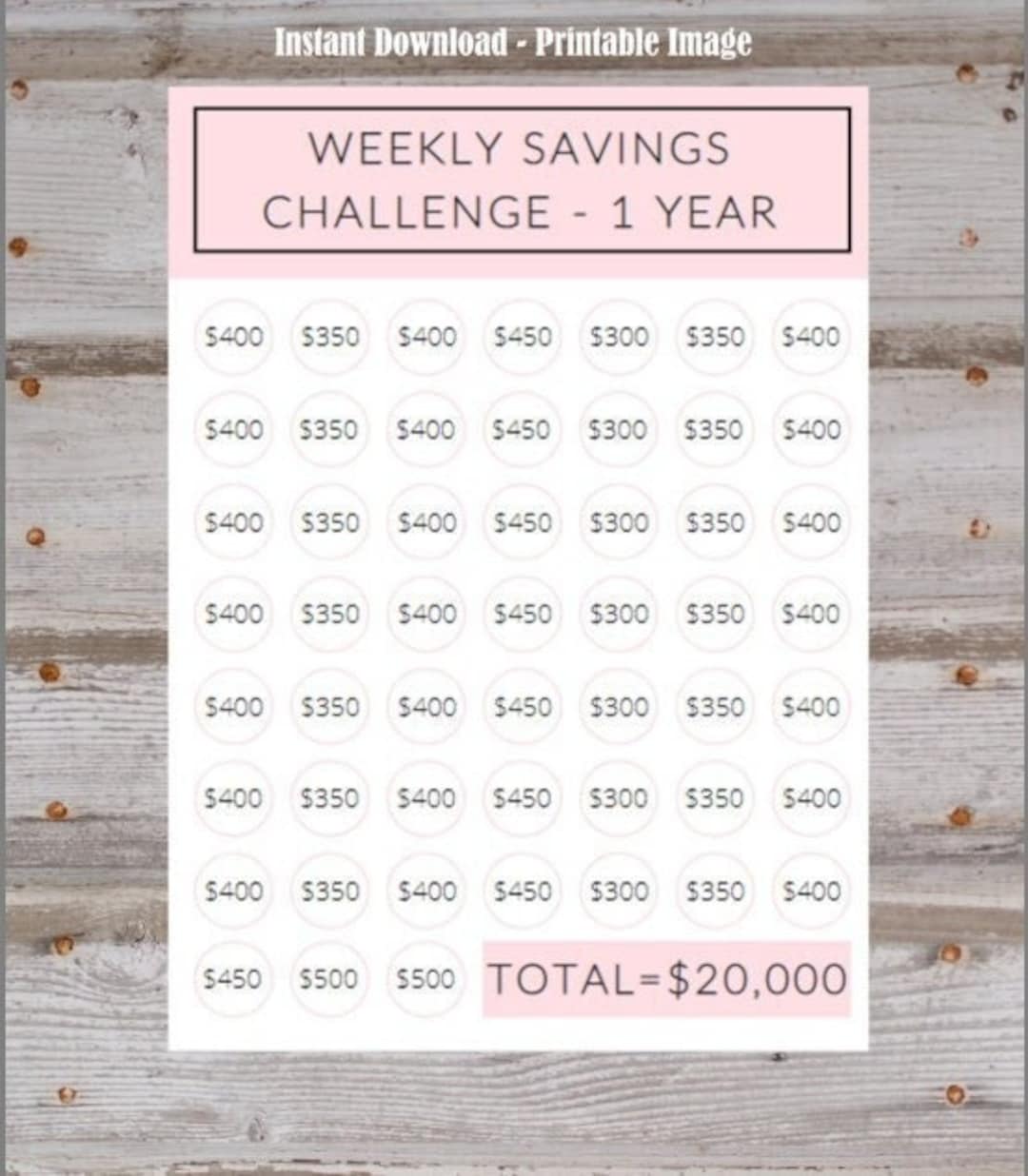 20,000 Dollar Money Saving Challenge Tracker 52 Week Savings