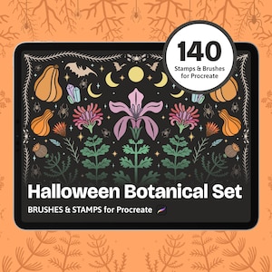 May include: A digital tablet screen displaying a Halloween Botanical Set with 140 stamps and brushes for Procreate. The graphic features orange pumpkins, pink flowers, green foliage, bats, moons, and spiders on a black background with white text.