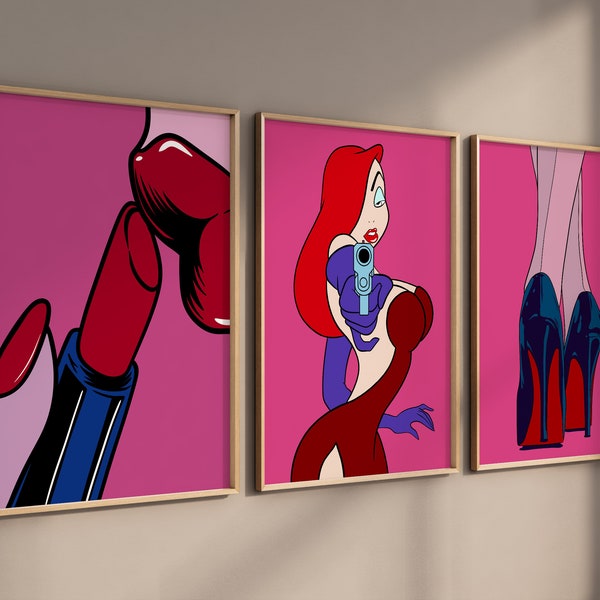 Wall Art Set, Set of 3 Prints, Pop Art Prints, Jessica Rabbit Art, Living Room Wall Print, Modern Tryptic Wall Print, 3 Piece Wall Art Print