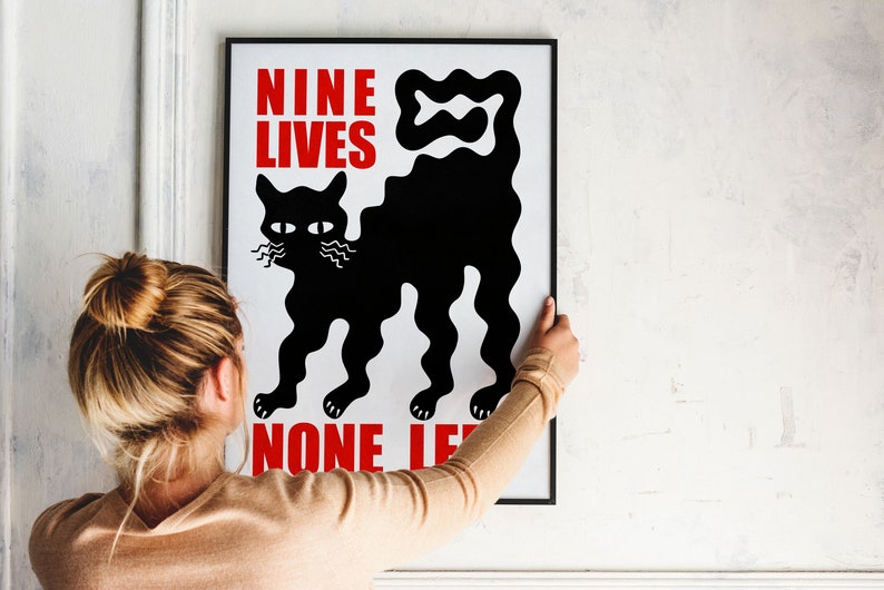 Poster chat ondulant, neuf vies, aucune gauche, téléchargement immédiat, oeuvre d'art murale de salon image 5