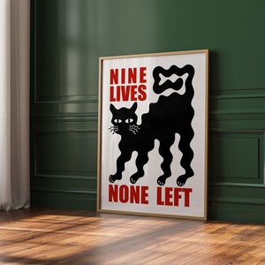 Poster chat ondulant, neuf vies, aucune gauche, téléchargement immédiat, oeuvre d'art murale de salon image 1